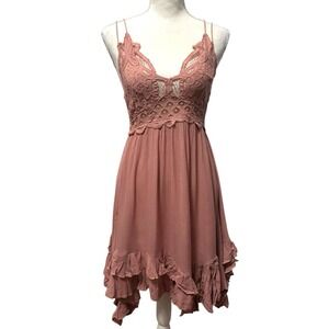 Free People One Rose Pink Lace Adella Slip Dress XS Boho Feminine Ruffle Mini